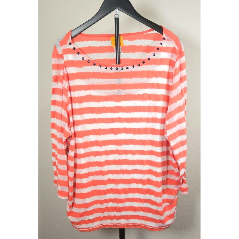 Ruby Rd Womens 3X Coral‎ White Striped Top Studded Boat Neck Plus Size Blouse